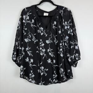 Siren Lily Top Womens PXL Petite Black White Floral V-Neck Balloon Sleeve Blouse